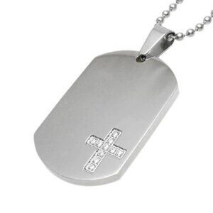 HEAVENLY STAINLESS STEEL ENGRAVABLE 1.5" (38MM) DOG TAG CZ CROSS AND BALL CHAIN.